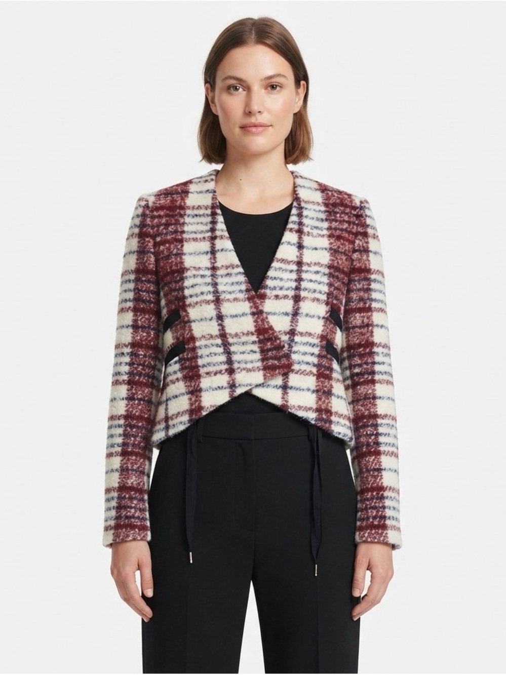 10 Crosby Derek Lam Burgundy and Cream Plaid Cropped Blazer Jacket